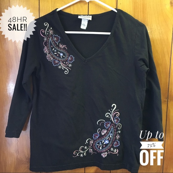 Samanthas Long Sleeve Black Embroidered Shirt Top - Picture 1 of 5